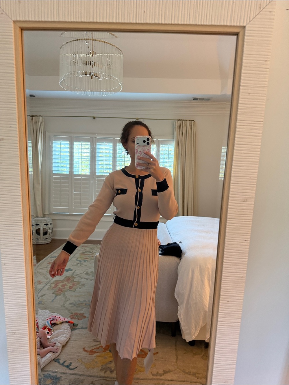 Chicwish Blush Pink Midi Pleated Skirt with Black Trim Cardigan